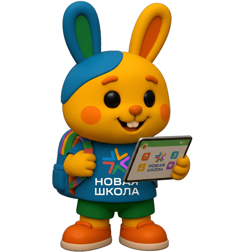 Маскот Новой Школы для младших школьников — зайчик с планшетом и рюкзаком